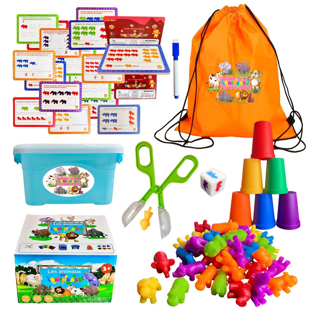 Jeu Montessori 3 Ans+ 60 pièces Jouet avec Goblet Pince Dé Boîte de Rangement Sac de Transport Comptage tri d’Animaux Concept mathématique Apprendre Les Couleurs Jouet éducatif préscolaire