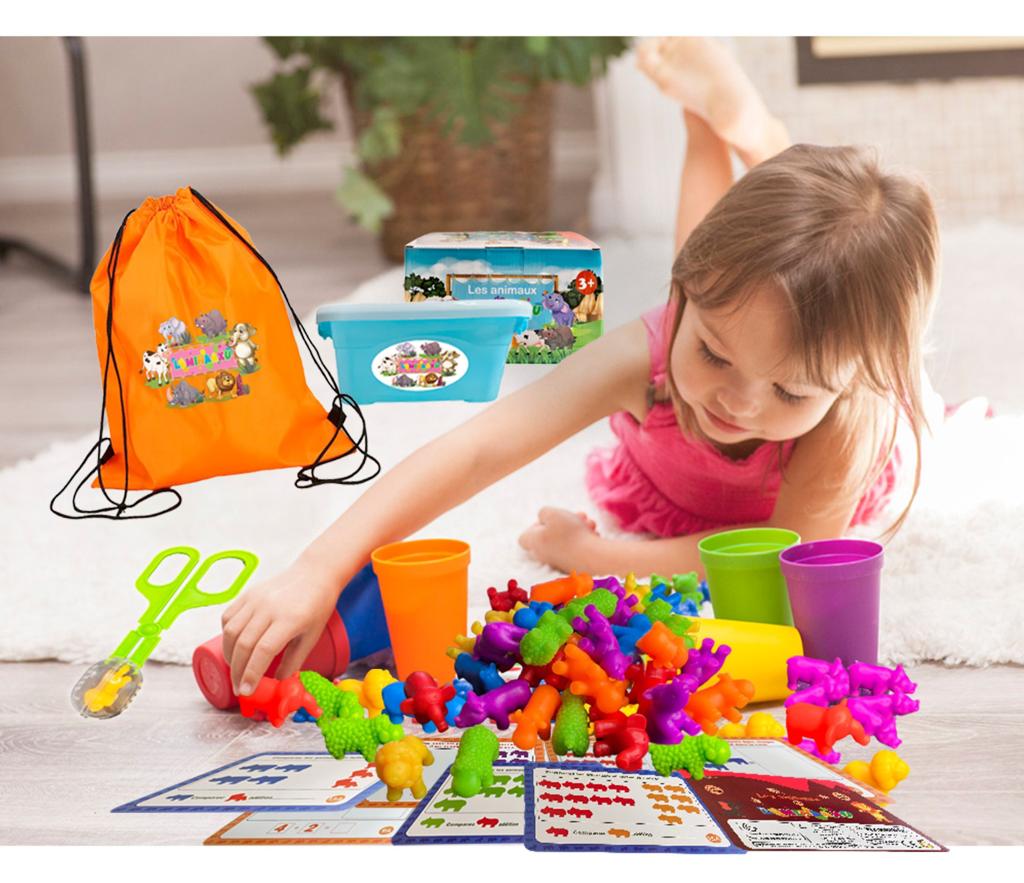 Jeu Montessori 3 Ans+ 60 pièces Jouet avec Goblet Pince Dé Boîte de Rangement Sac de Transport Comptage tri d’Animaux Concept mathématique Apprendre Les Couleurs Jouet éducatif préscolaire